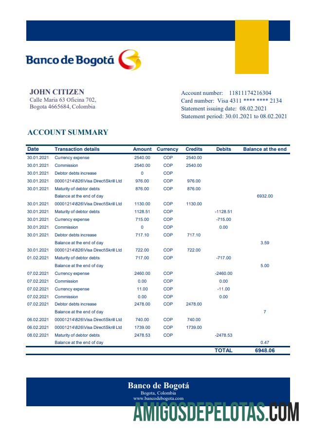 Colombia Banco De Bogotá Excel Pdf examplo